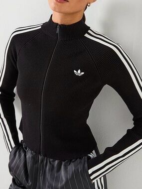 Adidas Adicolor Black Slim Knit Track Jacket with White 3-Stripes